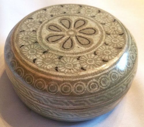 Fine 13th Century Korean Inlaid Celadon Cosmetic Box with Rich Color