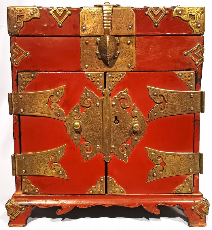 Red Lacquered Korean Safe with Beautiful Auspicious Symbols