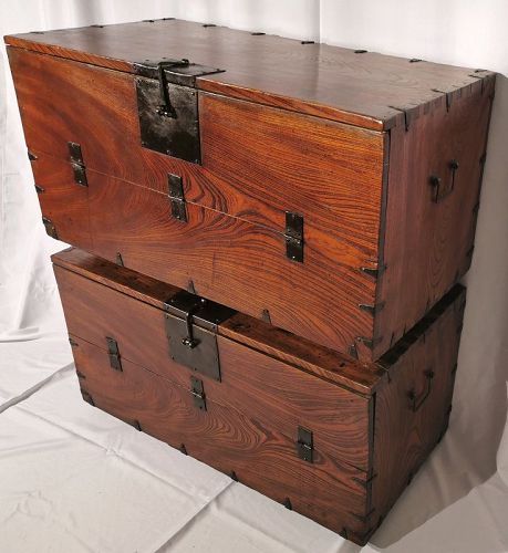 One-of-a-kind Matching Pair of Fine Zelkova Wood Korean Antique Chests