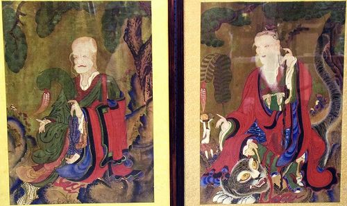 Pair of 19th Century Paintings of Mountain Spirit and Hermit Saint
