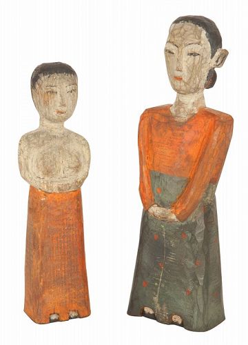 Rare and Sublime Mother and Daughter Pair of Antique Korean Wood Dolls