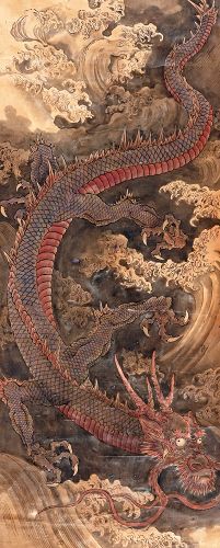 Large and Powerful Joseon Dynasty Dragon Painting mounted on Gold Silk