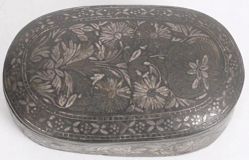Rare Joseon Dynasty Small Inlaid Silver Iron Box with Floral Designs