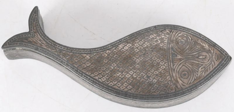 Scarce Joseon Dynasty Fish Form Silver Inlaid Iron Box