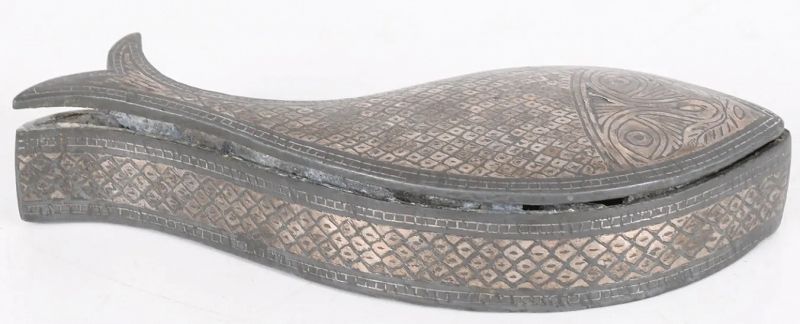 Scarce Joseon Dynasty Fish Form Silver Inlaid Iron Box