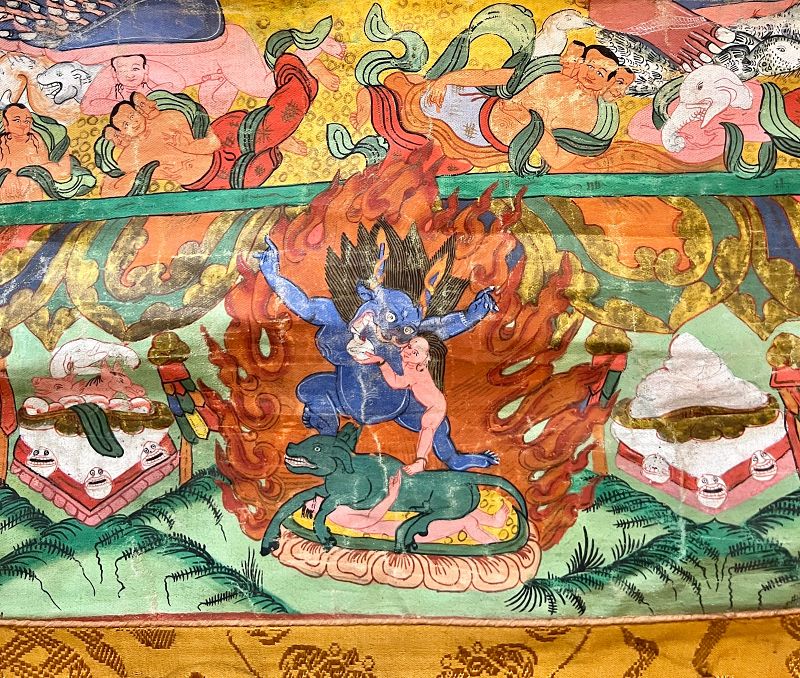 19th Century Tibetan Thangka of Yama with Original Silk Mount