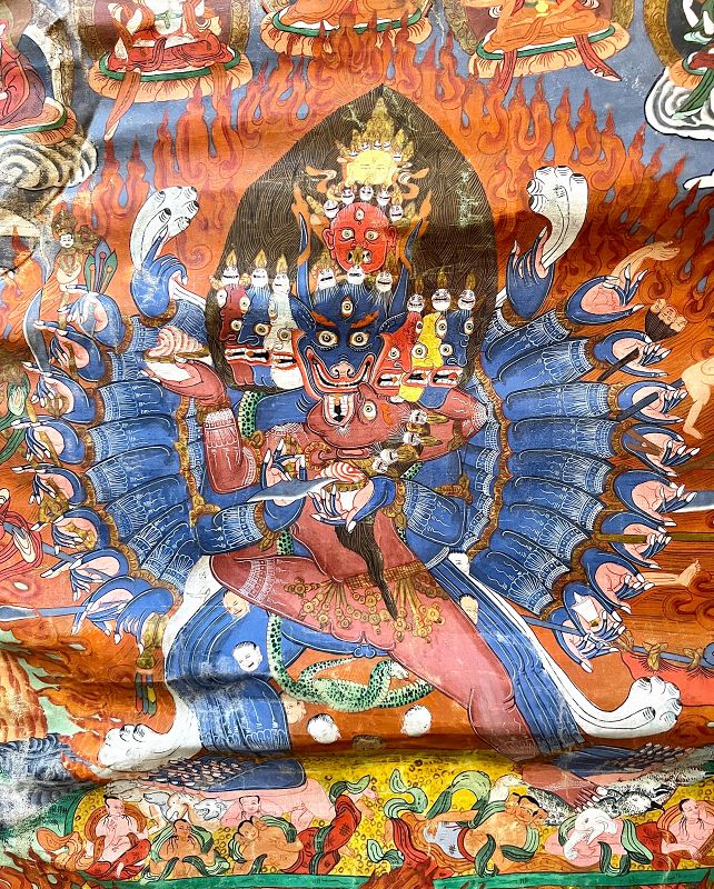 19th Century Tibetan Thangka of Yama with Original Silk Mount