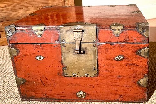 Rare 19th Century Red Lacquered Korean Wedding Box