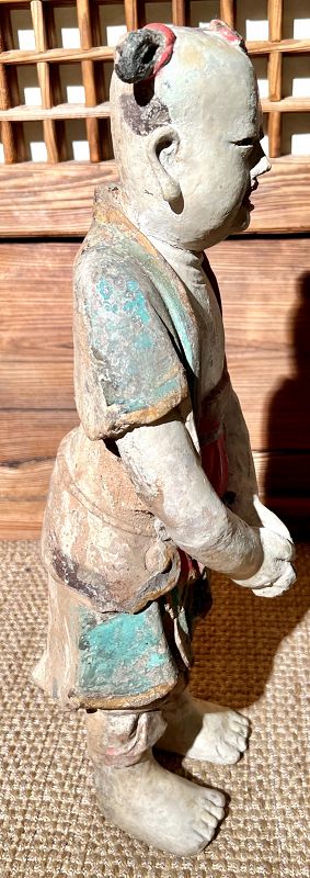 Exceedingly Scarce Antique Korean Terracotta Sculpture of a Dongja Boy