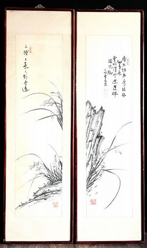 Rare Pair of Orchids and Rocks Paintings by Kim Eung Won (1855-1921)