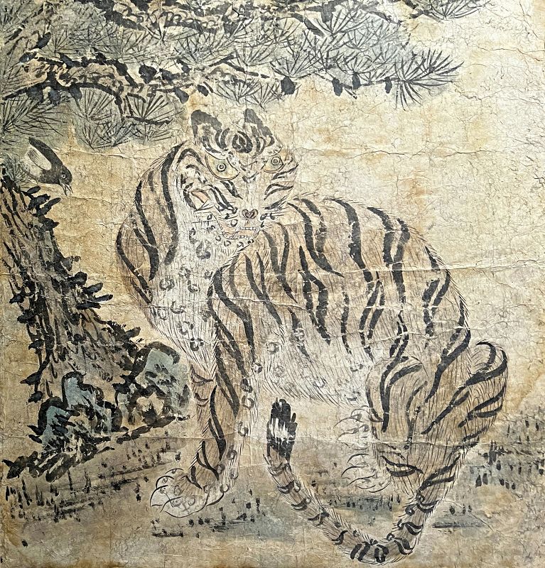 19th Century Korean Tiger &amp; Magpie Painting on Traditional Hanji Paper