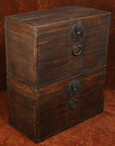 Perfect Pair of Old Oiled Paper on Wood Wedding Chests