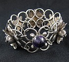 Early Repousse and Amethyst Mexico Silver Bracelet