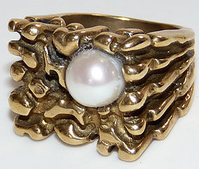 Chunky and Heavy Bronze Ring with Pearl