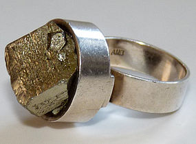 Modernist 1969 British Sterling Ring with Iron Pyrite