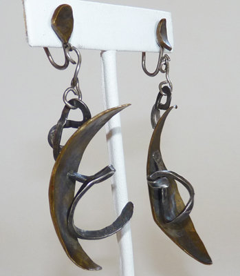 1950s Modernist Bronze &amp; Sterling Artisan Earrings