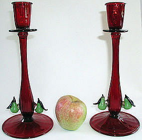 Early Murano Ruby Red Candlesticks with Applied Pears