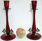 Early Murano Ruby Red Candlesticks with Applied Pears