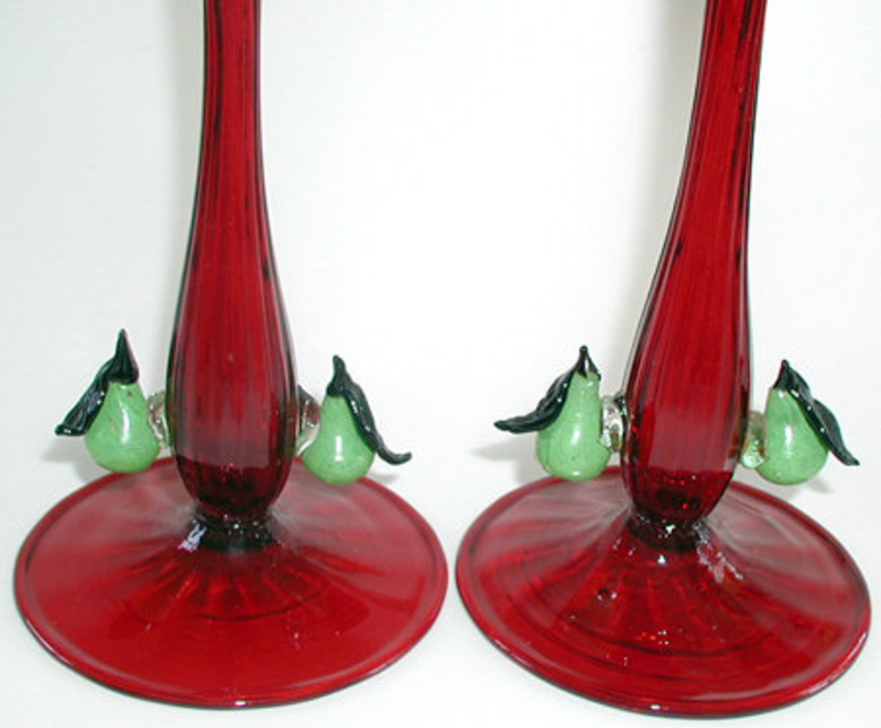 Early Murano Ruby Red Candlesticks with Applied Pears