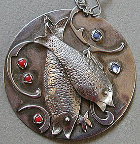 Silver Modernist Pisces Moonstone & Carnelian Necklace