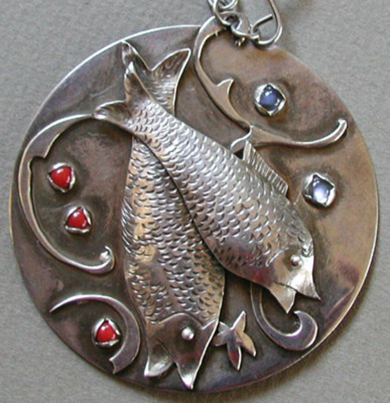 Silver Modernist Pisces Moonstone &amp; Carnelian Necklace