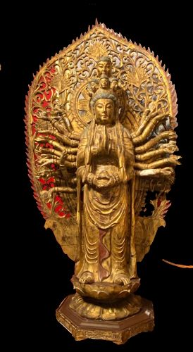 Chinese Guanyin Gold Leaf Carved Wood Sculpture Qing Dynasty 58”