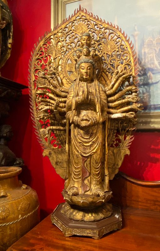 Chinese Guanyin Gold Leaf Carved Wood Sculpture Qing Dynasty 58”
