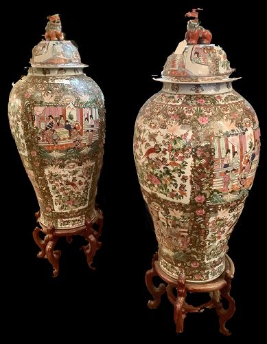 Pair of massive Canton Chinese Urns with Fou dog lids