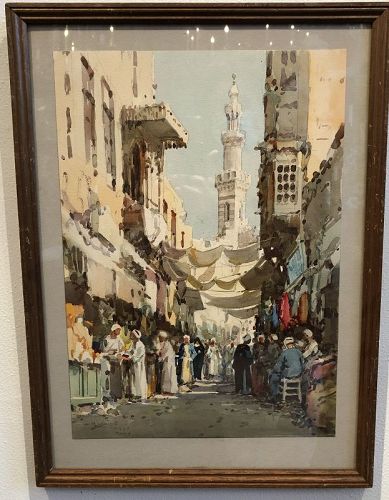Turkish Master Artist  D. Hidayet, 1912-1972 “Cairo Bazaar” watercolor
