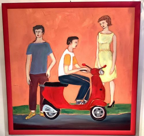 The Red Vespa Riders” By American Artist Anne Lane,Oil 53x53 inch