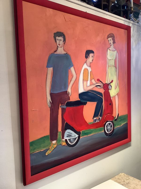 The Red Vespa Riders” By American Artist Anne Lane,Oil 53x53 inch