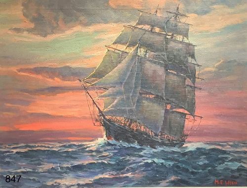 Majestic Full Rigged Sailing Ship by Mortimer E. Wien 1896-1992