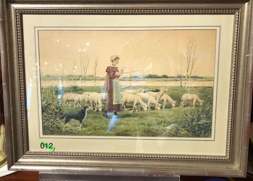 Sheep herder with flock of sheep signed F. J. Burns