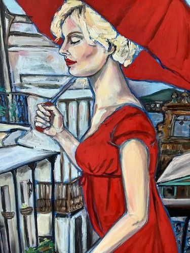 Woman in Red On The Balcony By Artist Anne Lane, Oil 48x30 in