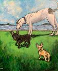 Anne Lane Trio of Canine at a lake, oil on canvas 52x60 in.
