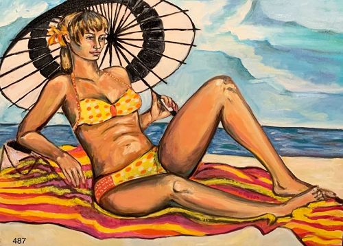 Anne Lane American Master Artist  “Woman At The Beach” Oil 36x48 inch