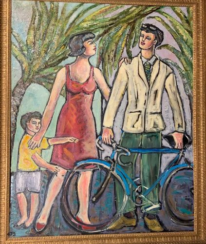 Family Portrait With Bicycle  By American Master Anne Lane,Oil 66x54”