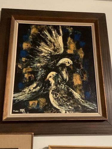 Pierre MAS “Two Pigeon” oil on canvas 1960s 18x24”