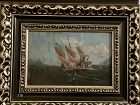 Beautiful Oil on Canvas  16th Century Rigged Ship 7x12 inches