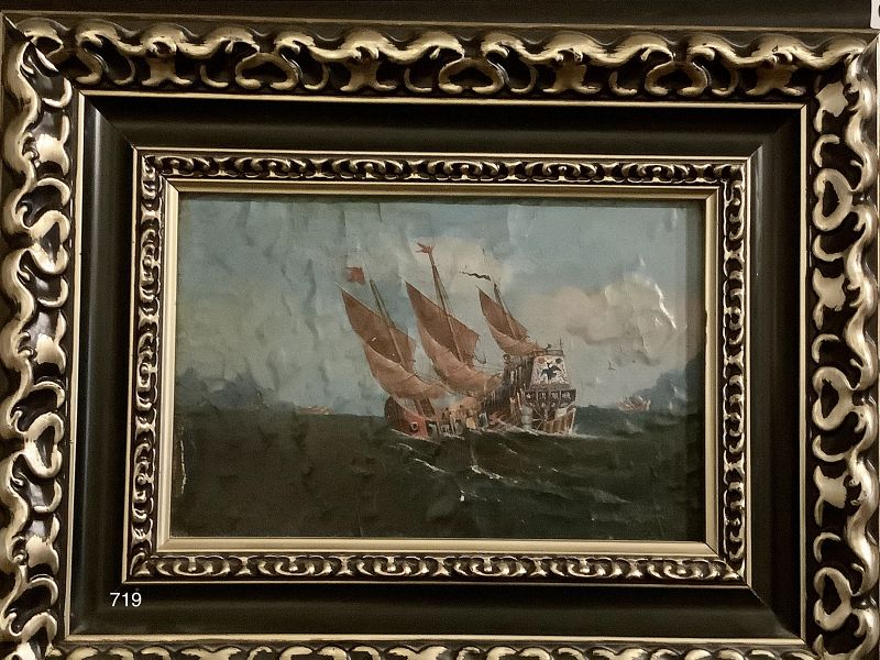 Beautiful Oil on Canvas  16th Century Rigged Ship 7x12 inches
