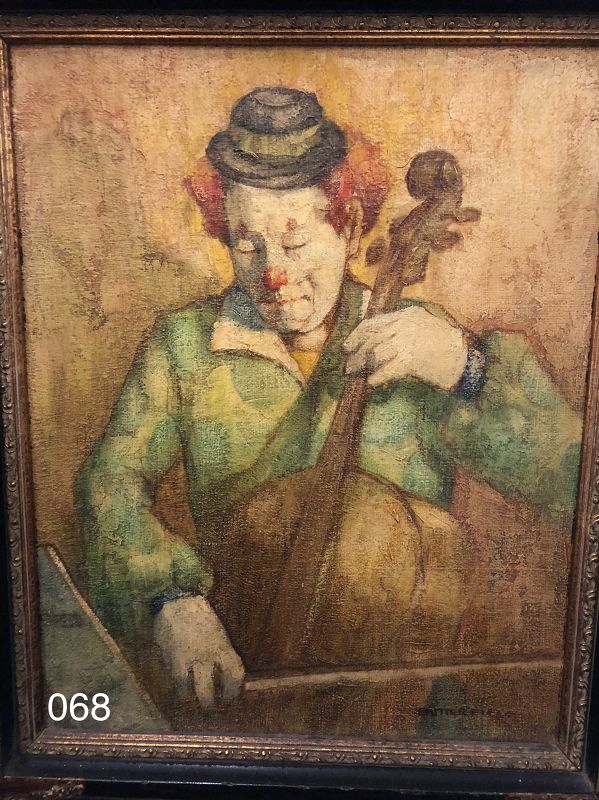 Fabulous Clown Playing The Cello Oil by Courland Butterfield 1904-1977