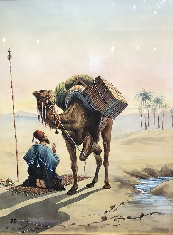 Desert Arab Scene Watercolor artist A. Vartanian 1953