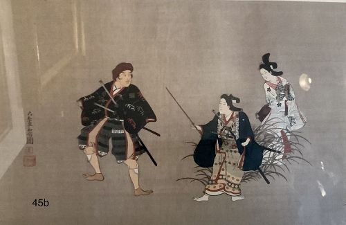 Japanese Woodblock Print Nineteenth Century Geisha and Samurai