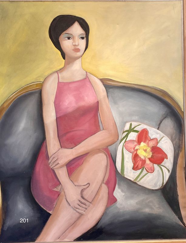 Girl On a Sofa with a Pillow by Artist Paco Lane Oil 56x45 inches