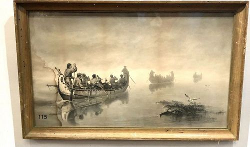 Native American River Scene Oil on Canvas 20” x 33”