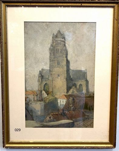 Belgian Artist Edward BUYCK, The tower at Bruges watercolor 1913