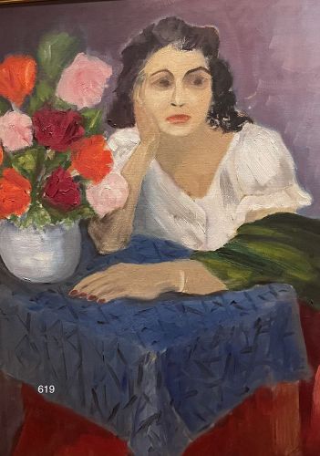 Unsigned Portrait Woman with Flowers 1970s Oil 30 x 24“