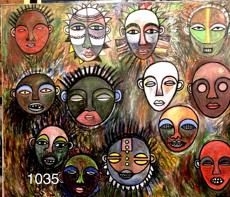 Abstract African Masks by Ivory Coast artist Ephrem Kouakou 50X60"
