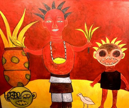 Red Figures with Palms by Ivory Coast artist Ephrem Kouakou 40x58"