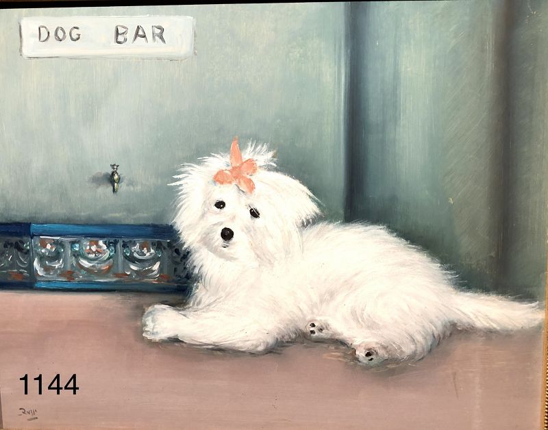 Italian Artist Mario RUSSO Dog Bar Oil on canvas 16x20”